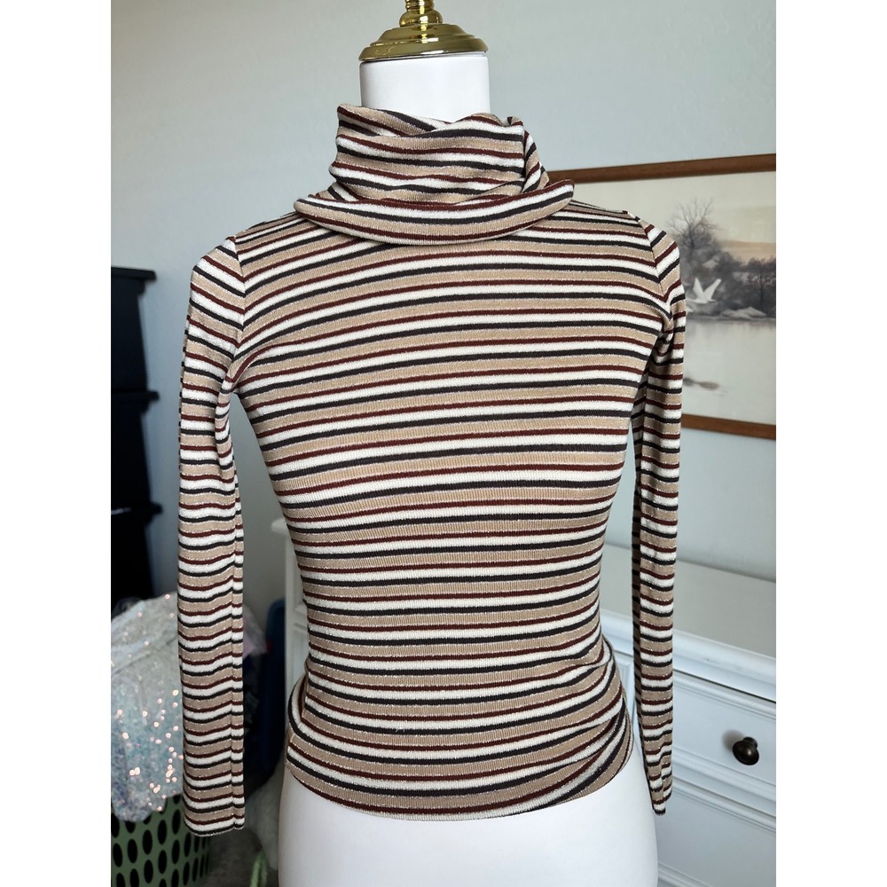 Vintage Metallic Striped Turtleneck Ardee Brown Tan Shimmer Knit Long Sleeve Top
